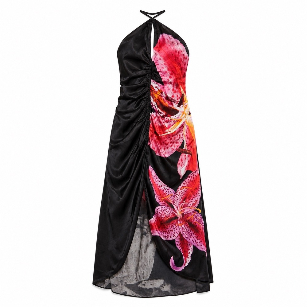 The Drop Ruched Front Slit Halter Maxi Dress Black Floral M NWT